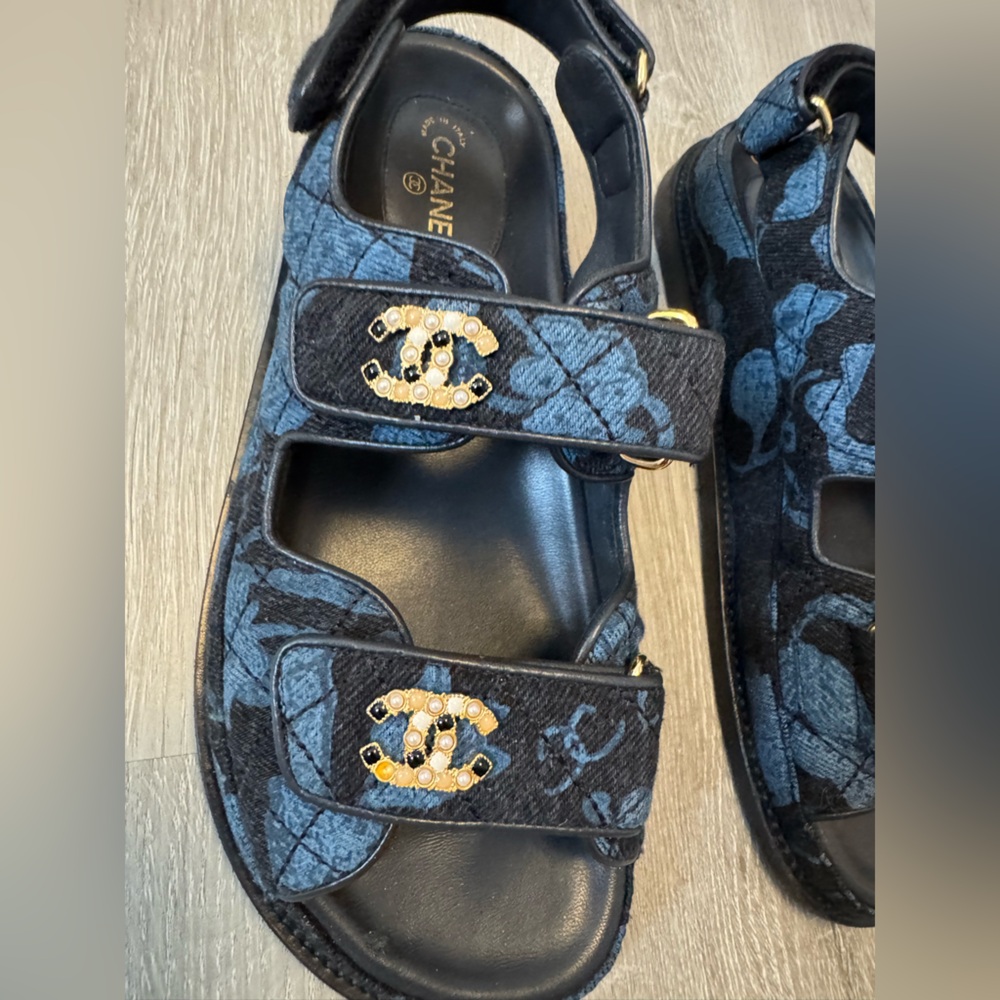 Chanel Blue Quilted Sandals with Gold Accents - Picture 9 of 12